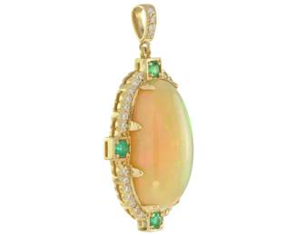"Explore this exquisite 7.94 ct. Ethiopian opal pendant, a stunning piece of antique-style jewelry. Crafted in yellow gold, the centerpiece is a beautifully oval-cut opal, weighing approximately 7.94 carats. It is elegantly surrounded by 32 sparkling diamonds and accented with four vibrant emeralds. This pendant, measuring 35 mm in length and 18 mm in width, showcases timeless craftsmanship, ideal for both collectors and those looking for a unique accessory. Note that this pendant is supplied without a chain.

Victorins Auctions will coordinate all domestic and international shipping. Please allow approximately 10–15 business days for processing. Certain items may require additional handling time depending on their location, origin, or special packaging requirements. By registering for or placing a bid in a Victorins auction, you confirm that you have reviewed, understood, and agreed to our Shipping, Payment, and Auction Policies."
