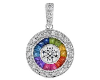 "Introducing our exquisite Art Deco Style Diamond and Rainbow Sapphire Halo Pendant, a stunning addition to any collection. This remarkable piece features a central round brilliant cut diamond surrounded by vibrant French cut rainbow sapphires, creating a captivating display of color. Crafted in 14K white gold, this pendant measures approximately 17 mm in length and 12 mm in width, making it a perfect statement piece for any occasion. Whether for a special celebration or everyday elegance, this pendant embodies timeless charm.

Victorins Auctions will coordinate all domestic and international shipping. Please allow approximately 10–15 business days for processing. Certain items may require additional handling time depending on their location, origin, or special packaging requirements. By registering for or placing a bid in a Victorins auction, you confirm that you have reviewed, understood, and agreed to our Shipping, Payment, and Auction Policies."
