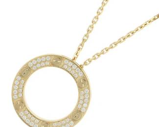 "This exquisite Cartier Love Circle necklace is a true luxury piece, expertly crafted in solid 18K yellow gold. Featuring a stunning pavé-set diamond pendant, the design reflects Cartier's iconic Love collection, symbolizing timeless elegance. The pendant showcases a refined circular shape that embodies sophistication, with the word LOVE beautifully engraved on the reverse side. In very good pre-owned condition, this necklace comes with its original presentation box, making it a perfect addition for collectors or as a special gift.

Victorins Auctions will coordinate all domestic and international shipping. Please allow approximately 10–15 business days for processing. Certain items may require additional handling time depending on their location, origin, or special packaging requirements. By registering for or placing a bid in a Victorins auction, you confirm that you have reviewed, understood, and agreed to our Shipping, Payment, and Auction Policies."
