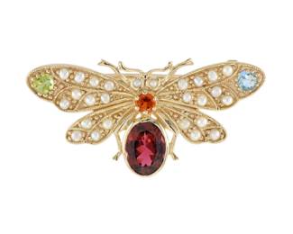 "This exquisite Victorian style bee brooch features a stunning array of colorful tourmalines and lustrous pearls. The bee's abdomen showcases a vivid pink tourmaline, while the delicate wings and middle body are adorned with round green, red, and blue tourmalines. With a versatile design, this brooch can also be worn as a pendant, making it a perfect accessory for any occasion. The bee symbolizes wisdom, wealth, and good luck, enhancing its allure as a charming piece of jewelry.

Victorins Auctions will coordinate all domestic and international shipping. Please allow approximately 10–15 business days for processing. Certain items may require additional handling time depending on their location, origin, or special packaging requirements. By registering for or placing a bid in a Victorins auction, you confirm that you have reviewed, understood, and agreed to our Shipping, Payment, and Auction Policies."
