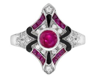 "This exquisite Art Deco-style ring showcases a vibrant central ruby complemented by sparkling diamonds and intricate enamel work. Crafted with precision, the ring features a bold ruby at its center, surrounded by dazzling round diamonds and elegant French cut rubies. With its 4.00 grams of total weight and unique design, this masterpiece embodies sophistication and timeless elegance, making it an ideal choice for any jewelry collection. Perfect for those who appreciate artistic designs and classic beauty.

Victorins Auctions will coordinate all domestic and international shipping. Please allow approximately 10–15 business days for processing. Certain items may require additional handling time depending on their location, origin, or special packaging requirements. By registering for or placing a bid in a Victorins auction, you confirm that you have reviewed, understood, and agreed to our Shipping, Payment, and Auction Policies."
