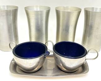 Vintage Cobalt Glass & Silver Plate Creamer, Sugar Bowl & Tray Set & 4 "1000 Islands" Pewter Cups
Lot #: 100