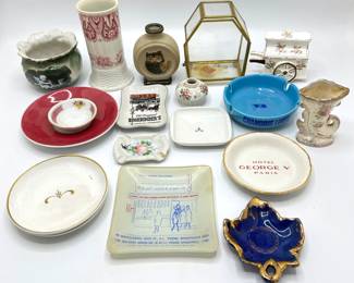 Antique & Vintage Souvenier Ashrays, Trinket Dishes, Small Plates, Vases & Glass Display Case (18 Pieces)
Lot #: 113