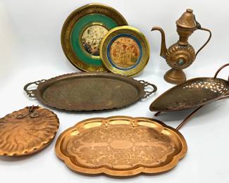 Vintage Copper Trays, Middle Eastern Coffee Pot, Dishes & Decorative Plates, Some From Israel (7 Pieces)
Lot #: 85