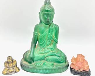 Vintage Curt Schlevogt Malachite Glass Buddha From Czechoslovakia, Rose Quartz Buddha & Metal Buddha Figurine
Lot #: 25