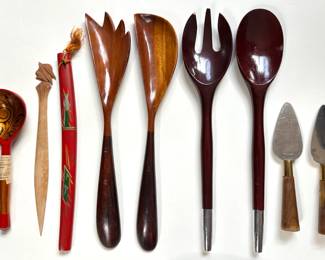 Vintage Wood Salad Tongs & Other Serving Pieces Including & Khokhloma Russian Folk Art Spoon (9 Pieces)
Lot #: 112