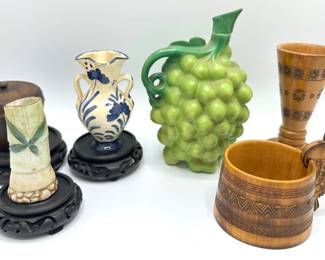Vintage Bavaria Grape Jug, Wood & Ceramic Vases & 3 Chinese Hand Carved Wood Plant Stands
Lot #: 87