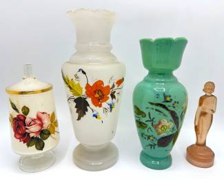 Victorian Hand Painted Opaline Glass Vases, Apothecary Rose Jar & Small Figurine
Lot #: 71