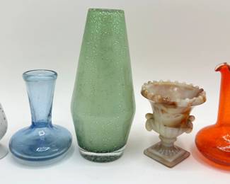 Vintage Art Glass: Slag Glass Pedestal, Speckled Ceramic Vase, Crackled Glass Pitcher & More (5 Pieces)
Lot #: 99