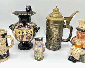 2 Vintage Toby Mugs, Hand Painted Wood Greek Amphora Vase, Beer Stein & Mini Beer Stein
Lot #: 106