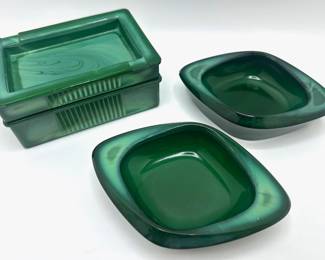 Mid Century Malachite Glass Ashtrays Or Trinket Dishes, Rectangular With 2 Tiers
Lot #: 56