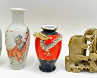 Set Small Vintage Chinese Vases, Japanese Dragon Vase & Hand Carved Soapstone Bud Vase
Lot #: 108