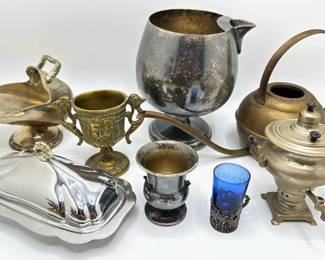 Vintage Watering Can, Russian Samovar, Butter Dish, Sugar Scuttle & More, Some Silver Plate
Lot #: 88