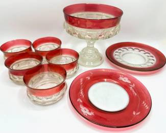 Vintage King's Crown Ruby Glass Pedestal Bowl, 5 Dessert Bowls & 2 Plates
Lot #: 70