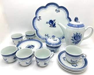 Vintage Royal Copenhagen Denmark Tea Set: Teapot, Platter, Sugar Bowl & 6 Cups, 6 Saucers & 6 Dessert Plates
Lot #: 1