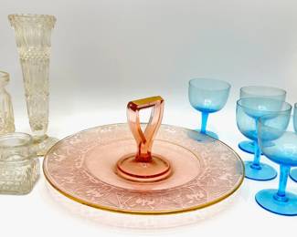 Vintage Carnival Glass Dessert Platter, 5 Blue Glass Wine Glasses & Cut Crystal Vases, Jars & Salt Shaker
Lot #: 69