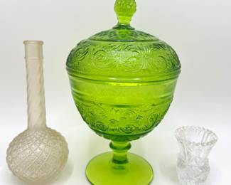 
Vintage Duncan Miller Green Colony Glass Covered Pedestal Candy Dish & 2 Small Cut Crystal Vases
Lot #: 98