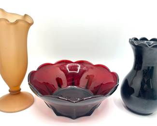Vintage Westmoreland Peach Satin Vase, Black Amethyst Glass Vase & Ruby Glass Bowl
Lot #: 55