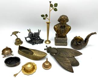 Vintage Brass & Other Metal Decor: Bust Of Beethoven, Pipe, Shoe, Bird Salt & Pepper Shakers, Bells & More
Lot #: 86