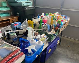 Several totes of cleaning products, bath products, garage products