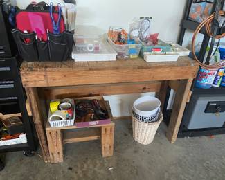 Very old handmade small wood workbench and misc garage items. 