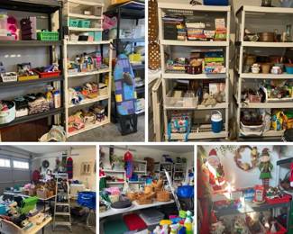 Garage is full of treasures …. Including the everlasting Longaberger Baskets and two nice tobacco baskets, several shelves of games, large selection of gardening items, various plastic containers, tubs, all shelving units and totes are available