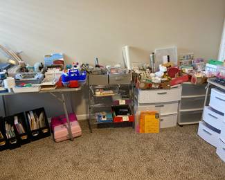 The craft supplies keep wrapping around the entire room