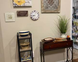 Several small space rustic/industrial look tables and shelves