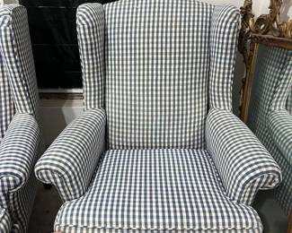One of 2 Blue/White Check Vintage Wingback Chairs - Great Condition