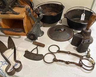 Antique Cast Iron Pots , Tools, Bell..(downstairs)