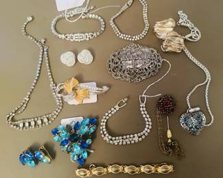 Vintage Jewelry and Brighton, Pennino Brooch, Trifari Rhinestone Bracelet (missing 2 stones)