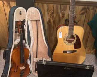 Fender Acoustic Guitar with Case and Stand, Bausch Viola with Case and Horn with Case