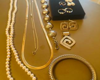 Cultured Pearls, 24 inches 14k Gold Herringbone Necklace, approx 19inches 14K Gold Chain, Sterling Bracelet, Earrings & Pendant, Cuff Bracelet