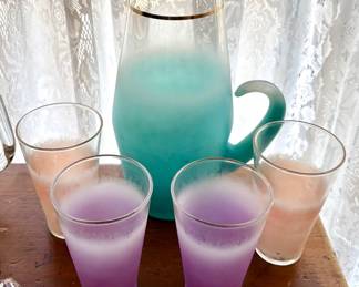 MCM BLENDO GLASS 5PC OMBRE RAINBOW PITCHER AND GLASSES.