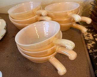 VINTAGE FIRE KING PEACH LUSTER BEEHIVE HANDLED SOUP BOWLS.