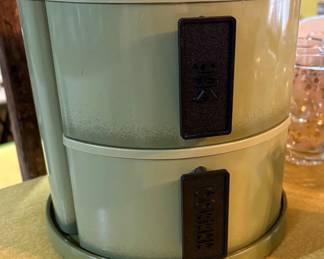 VINTAGE CHEINCO TIN CANISTER SET WITH LAZY SUSAN.