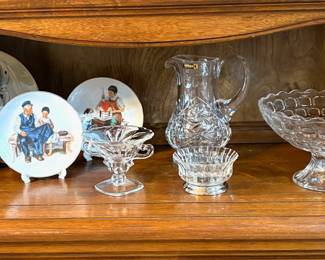 NORMAN ROCKWELL PLATES, INDIANA CRYSTAL CANDLE HOLDER, IRENA CRYSTAL PITCHER, FEDERAL "YORKTOWN" COMPOTE.