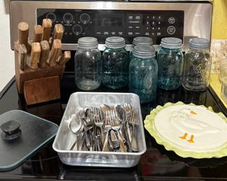 KNIFE BLOCK, FLATWARE, VINTAGE BALL JARS AND MORE.