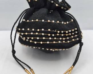 73 VintageCrochetDrawstringBagwithGlassBeadsSaucerBase