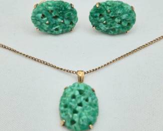 55 VanDell12kGoldFilledJadeNecklaceEarringsSet