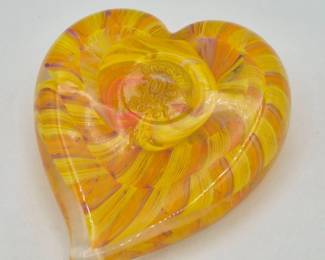39 LargeYellowOrangeSwirlGlassHeartPaperweight