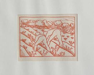 This lot features a professionally framed woodcut print titled, “Binding Sheaths” by listed French artist, Aristide Maillol, circa 1950. This piece measures in frame, 16” H x 20” W. The print depicts two figures harvesting in a field, rendered in a simple, stylized line. The work is an illustration for the book Daphnis and Chloe by Longus, published in 1937. Maillol is best known for his classical and simplified depictions of the female nude in sculpture, but he also worked in painting and graphic arts.
