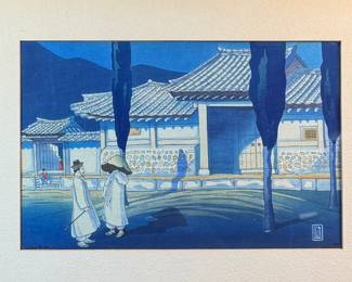 "Korean Farmhouse by Moonlight", an exceptional Japanese woodblock print by listed artist, Lilian May Miller. This rare copy features Miller’s signature lower left in pencil, along with the limited edition run, numbered 1/10. This piece measures in the frame, 15” H x 19” W and out of the frame, 10.75” H x 15.25” W. This woodblock was created in 1928 and this artwork is part of the collection of the National Museum of Asian Art. Lilian May Miller was an American painter and printmaker born in Tokyo, Japan, who studied traditional Japanese wood printing techniques.
