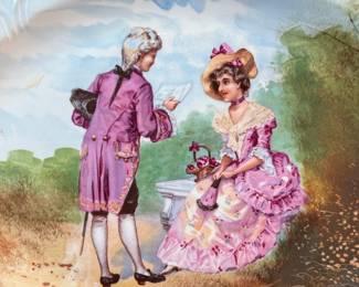 This lot features an antique Limoges porcelain plate with a hand-painted scene. Marker mark underneath as shown in photos and measures, 13.25” H x 18.5” W. 
