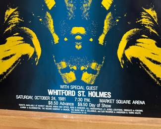 This lot features a concert poster advertising a performance by Blue Öyster Cult and Foghat circa October 24th, 1981 at Market Square Arena with special guest, Whitford St. Holmes. This poster measures, 22.5” H x 17” W.

