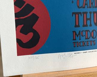 This lot features a rare signed and numbered silkscreen print from Wilco’s 2003 McDonald Theater performance with Carla Bozulich’s Red Headed Stranger. Numbered 102/165 and signed in pencil by artist, Gary Houston. This print measures, 18” H x 24” W.
