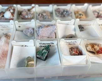 This lot features five (5) cases of rocks and minerals, many of them labeled in their containers.
