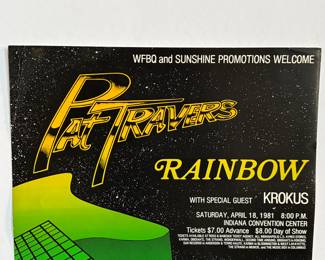 This lot features a concert poster for a show featuring the rock bands Pat Travers and Rainbow, with special guest Krokus. The concert took place on Saturday, April 18, 1981, at the Indiana Convention Center. Rainbow is a British rock band formed by former Deep Purple guitarist Ritchie Blackmore. This poster measures, 22.5” H x 17” W.
