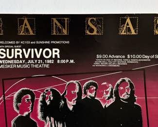 This lot features an original concert poster for band Kansas with special guest, Survivor. This poster measures, 17” H x 22.5” W. This event was held at the Mesker Music Theatre circa 1982.
