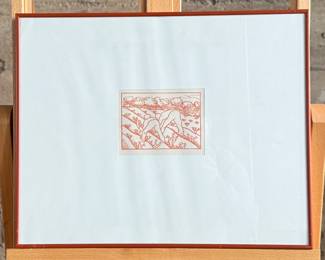 This lot features a professionally framed woodcut print titled, “Binding Sheaths” by listed French artist, Aristide Maillol, circa 1950. This piece measures in frame, 16” H x 20” W. The print depicts two figures harvesting in a field, rendered in a simple, stylized line. The work is an illustration for the book Daphnis and Chloe by Longus, published in 1937. Maillol is best known for his classical and simplified depictions of the female nude in sculpture, but he also worked in painting and graphic arts.
